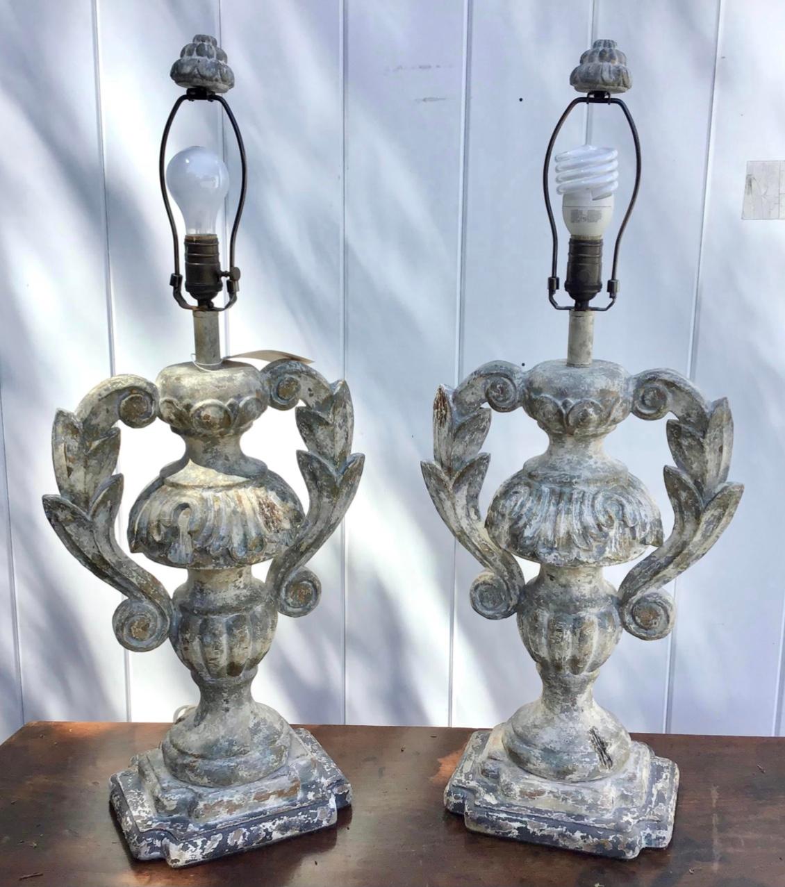 Carved Distressed Wood Italian Urn Table Lamps For Sale 1