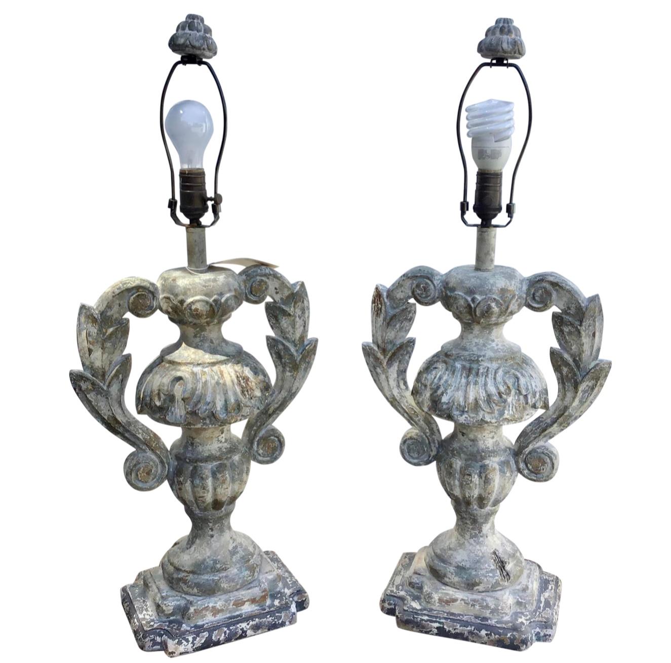 Carved Distressed Wood Italian Urn Table Lamps For Sale 2