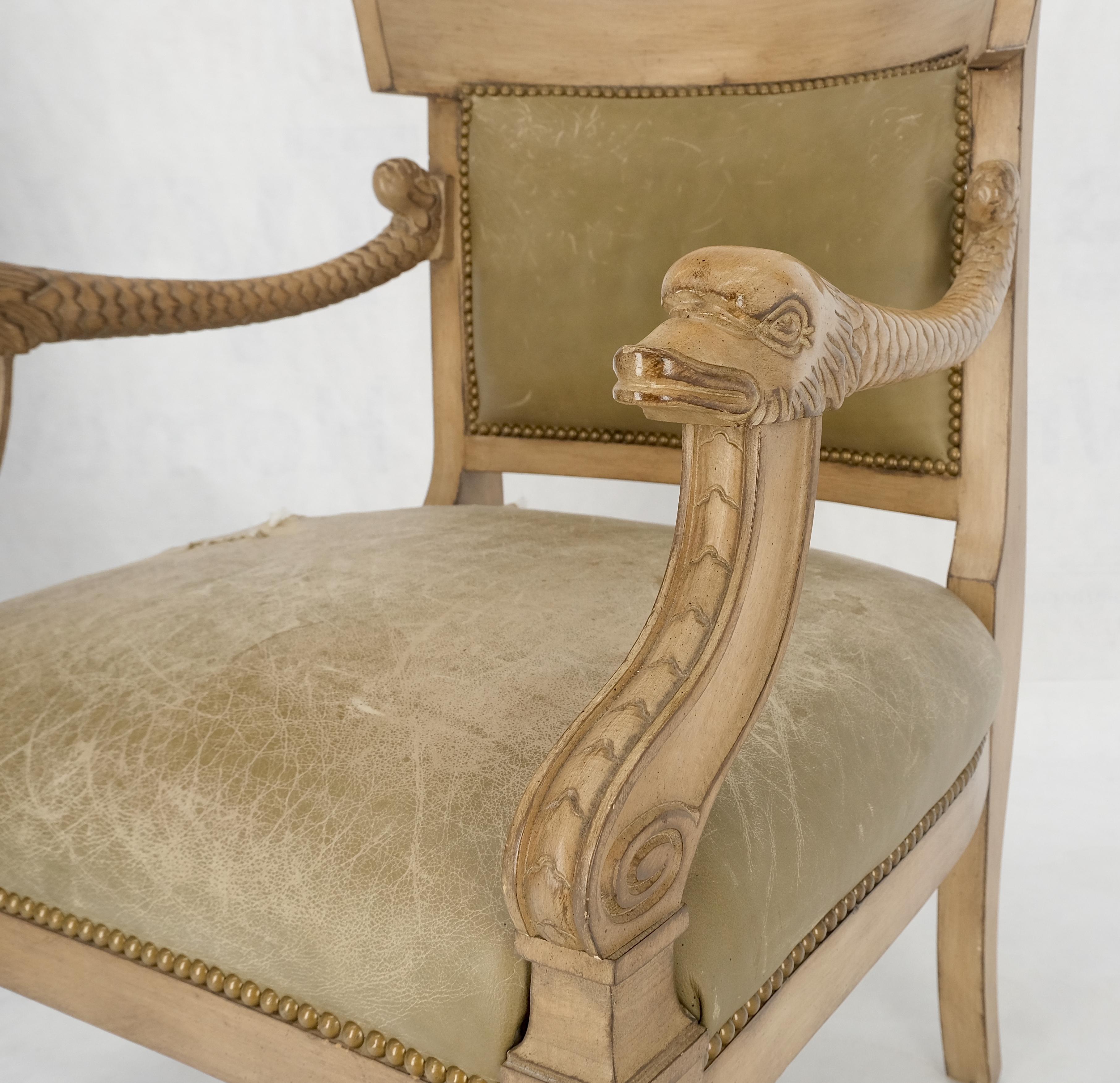 Carved Dolphins Shape Arms Rounded Back Lounge Chairs Leather Upholstery AS IS For Sale 2