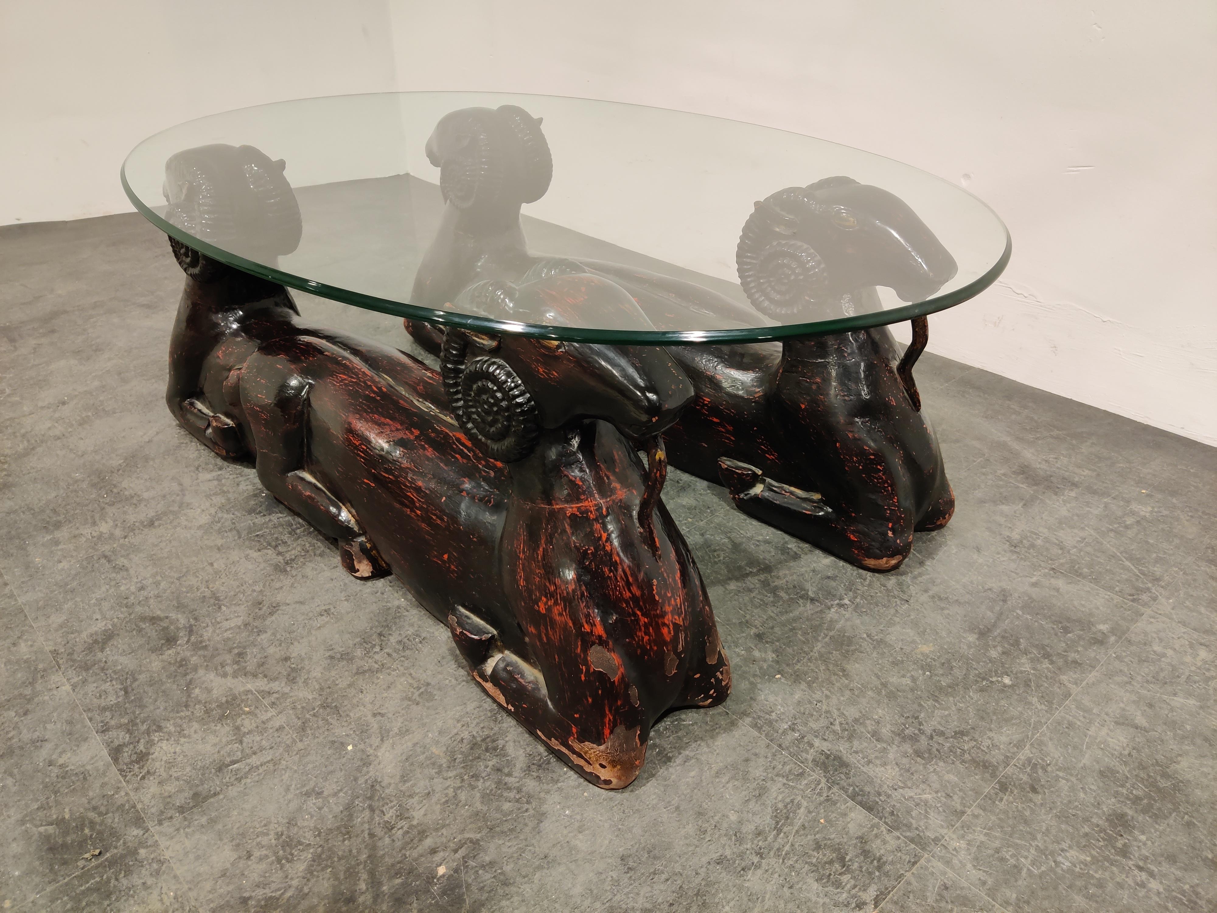 European Carved Double Ram Head Coffee Table, 1980s