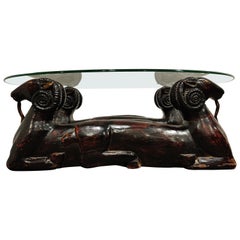 Carved Double Ram Head Coffee Table, 1980s