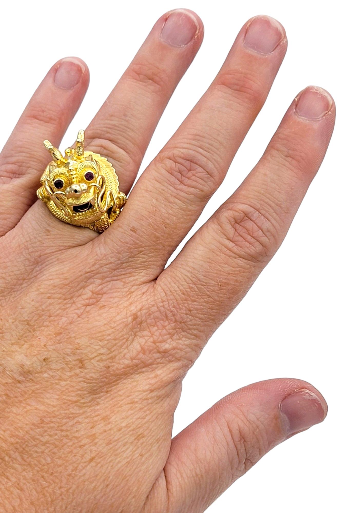 Carved Dragon Head Cocktail Ring with Red Ruby Eyes Set in 14 Karat Yellow Gold For Sale 4