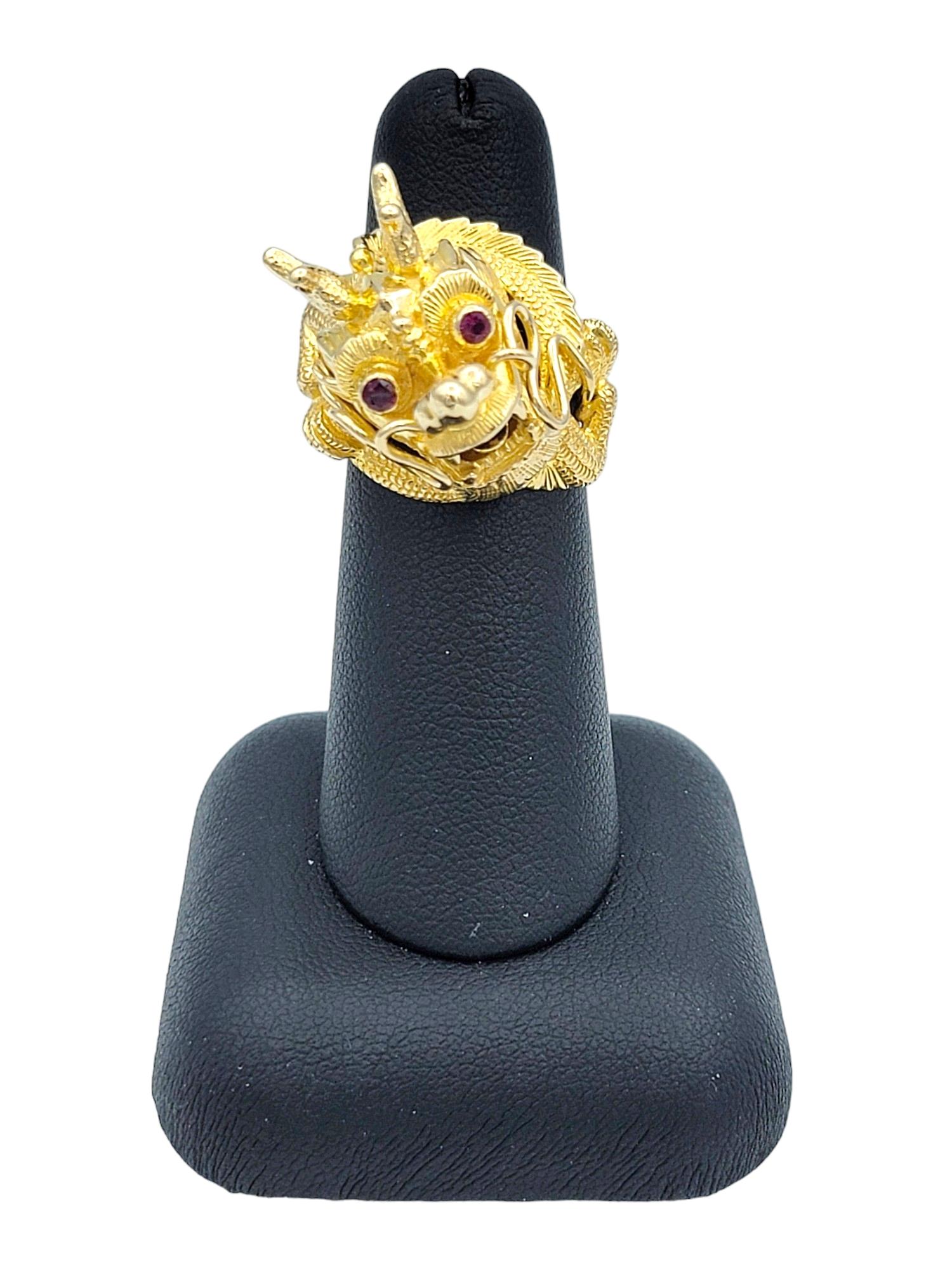 Carved Dragon Head Cocktail Ring with Red Ruby Eyes Set in 14 Karat Yellow Gold For Sale 5