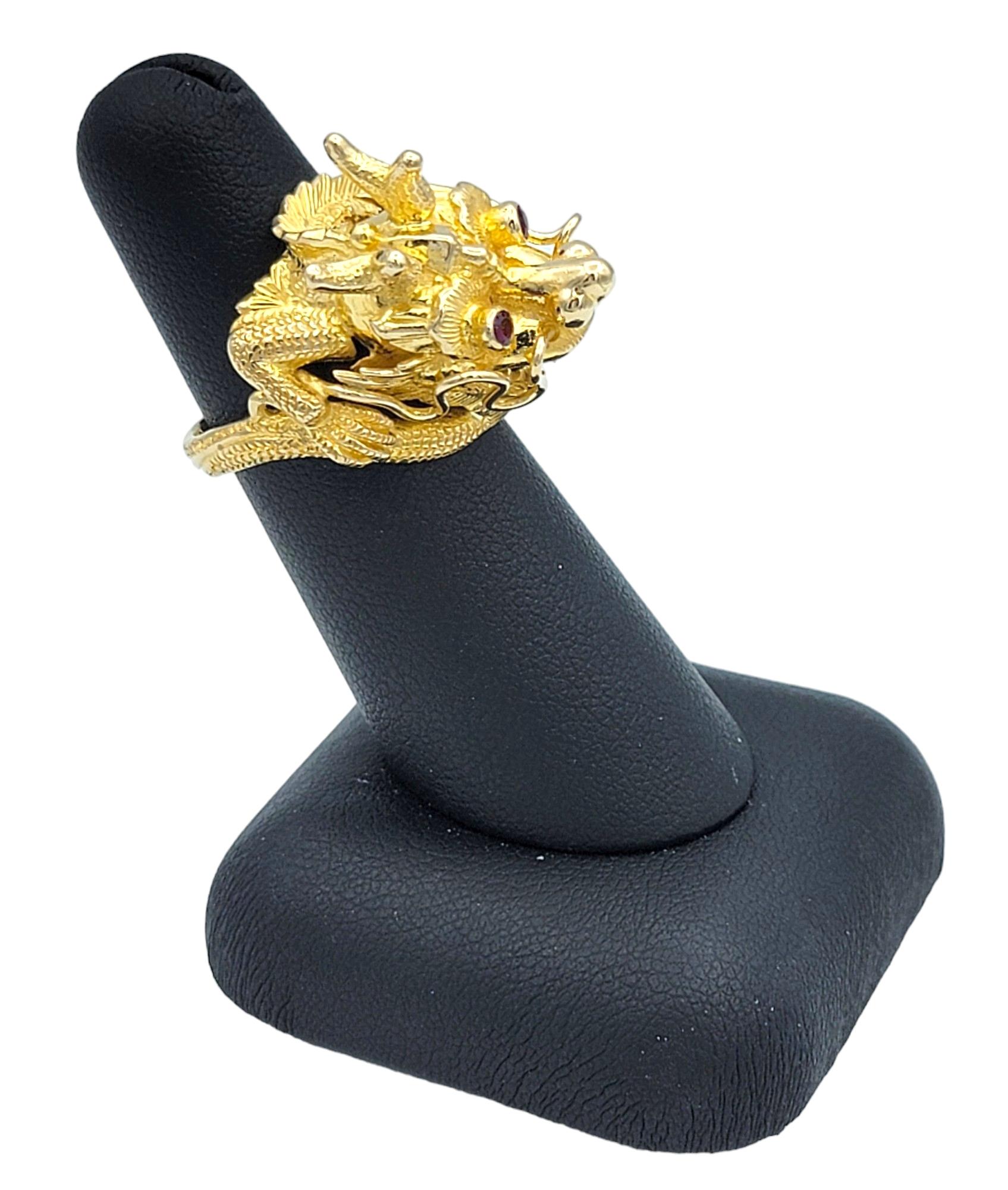 Carved Dragon Head Cocktail Ring with Red Ruby Eyes Set in 14 Karat Yellow Gold For Sale 6