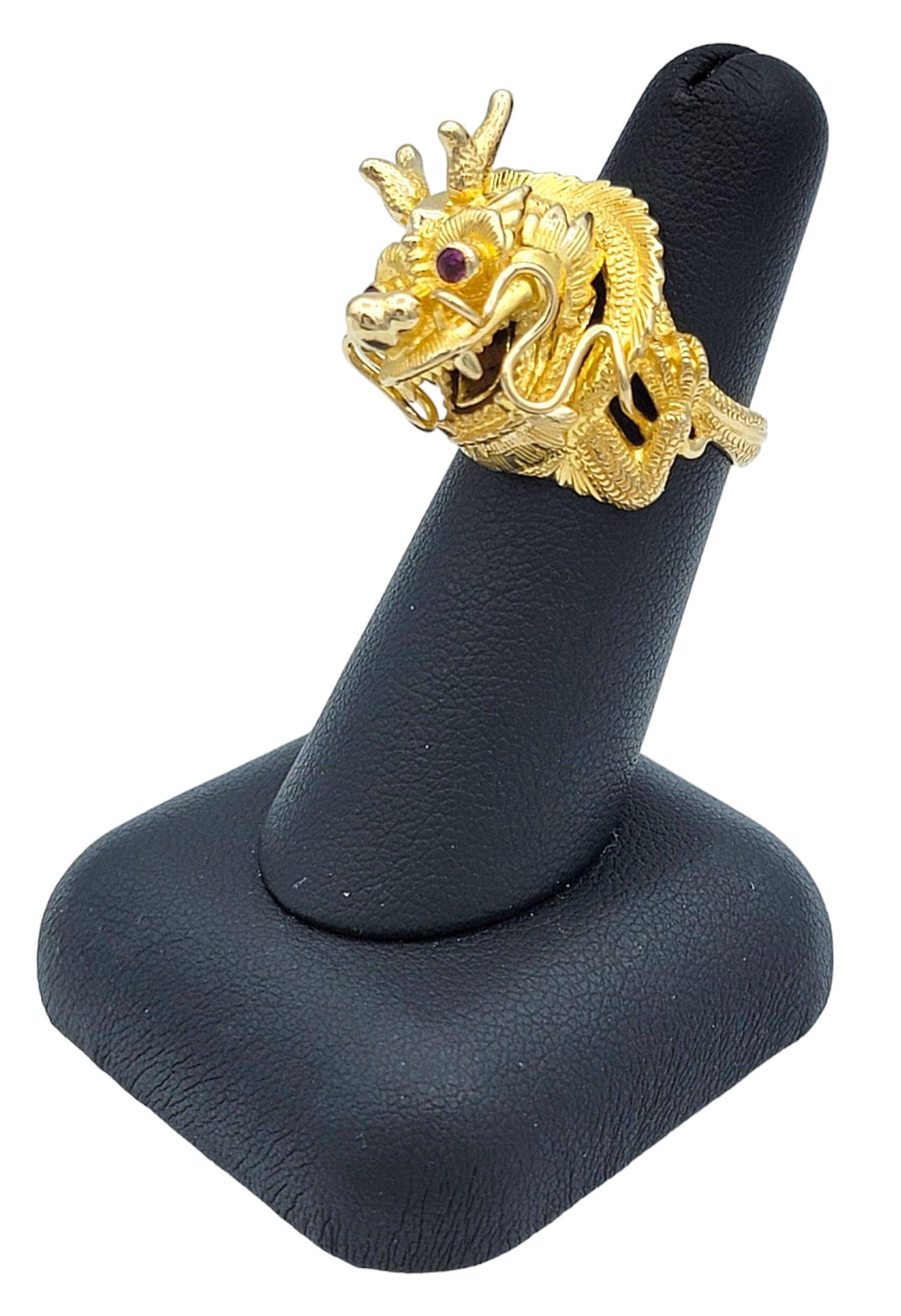 Carved Dragon Head Cocktail Ring with Red Ruby Eyes Set in 14 Karat Yellow Gold For Sale 7