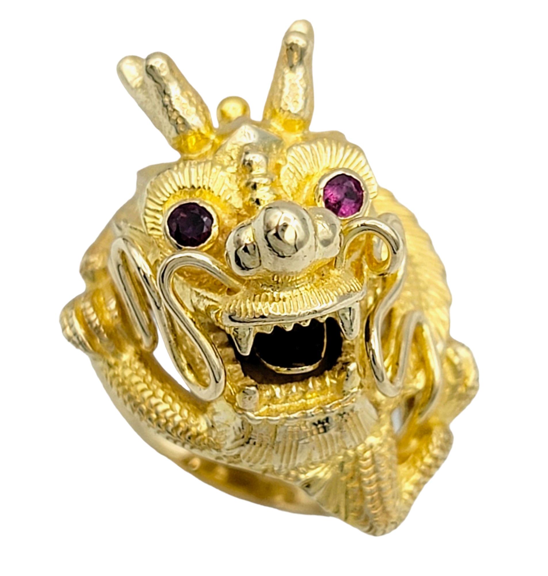 Contemporary Carved Dragon Head Cocktail Ring with Red Ruby Eyes Set in 14 Karat Yellow Gold For Sale