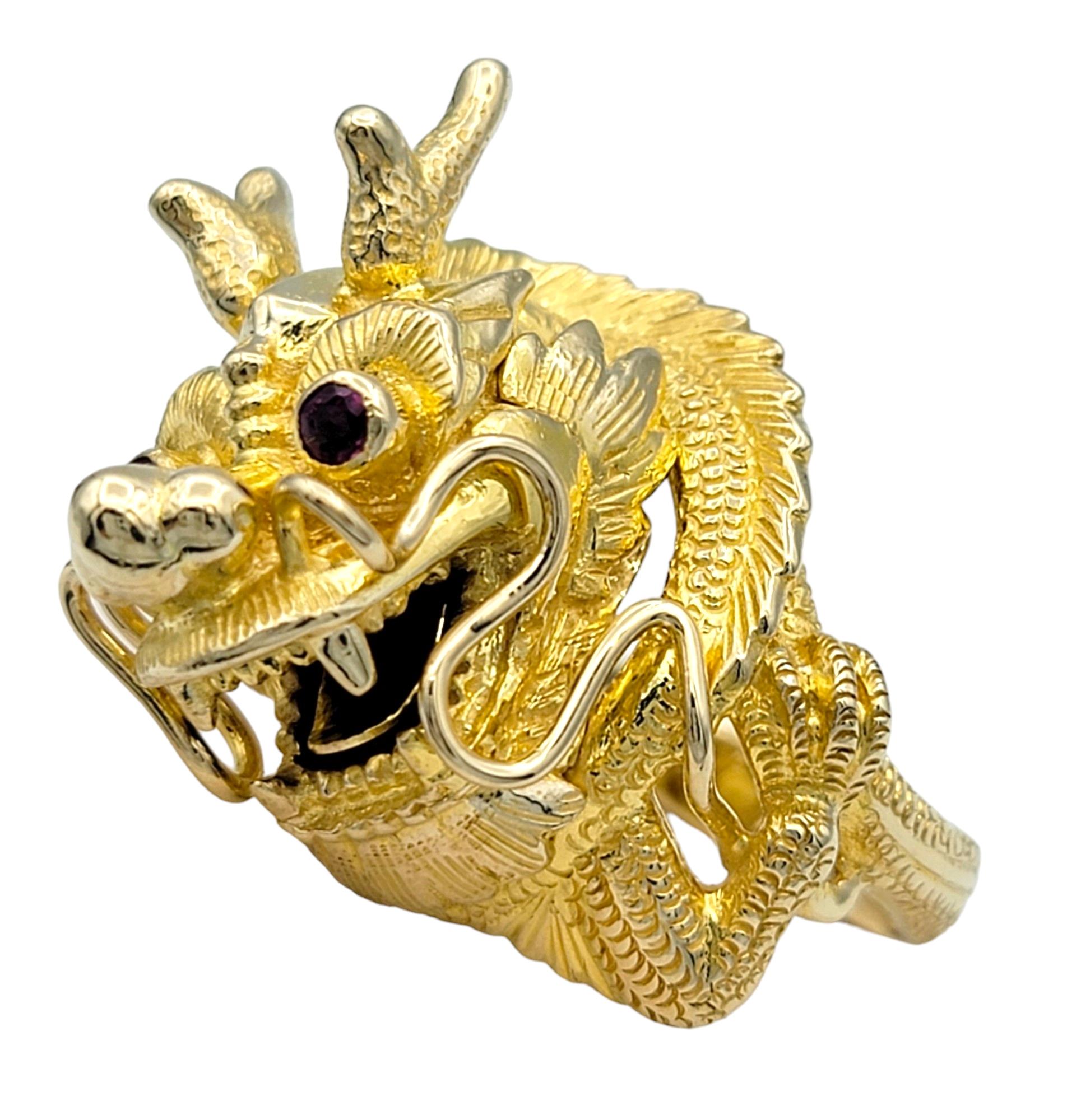 Round Cut Carved Dragon Head Cocktail Ring with Red Ruby Eyes Set in 14 Karat Yellow Gold For Sale