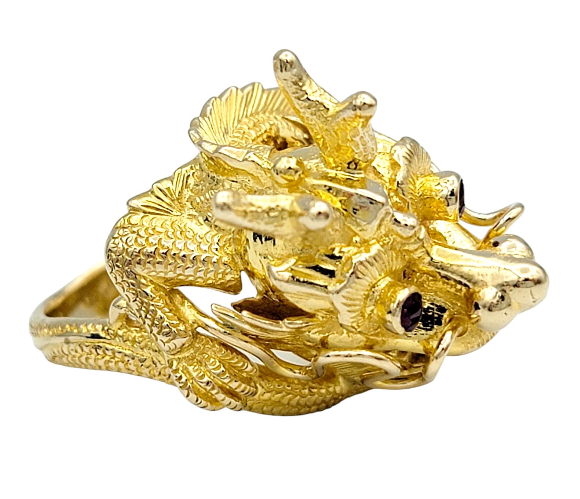Women's Carved Dragon Head Cocktail Ring with Red Ruby Eyes Set in 14 Karat Yellow Gold For Sale