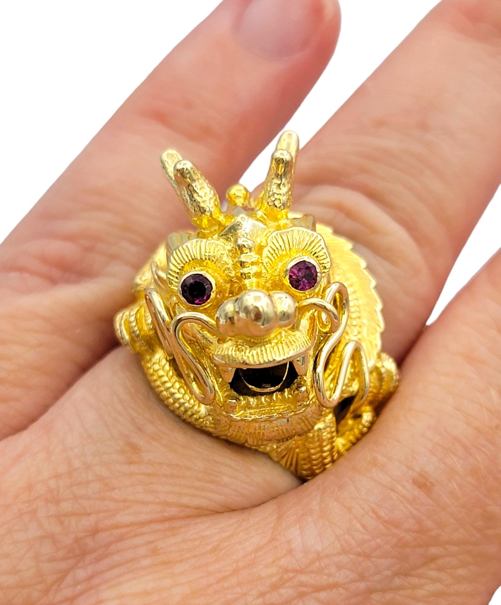 Carved Dragon Head Cocktail Ring with Red Ruby Eyes Set in 14 Karat Yellow Gold For Sale 3