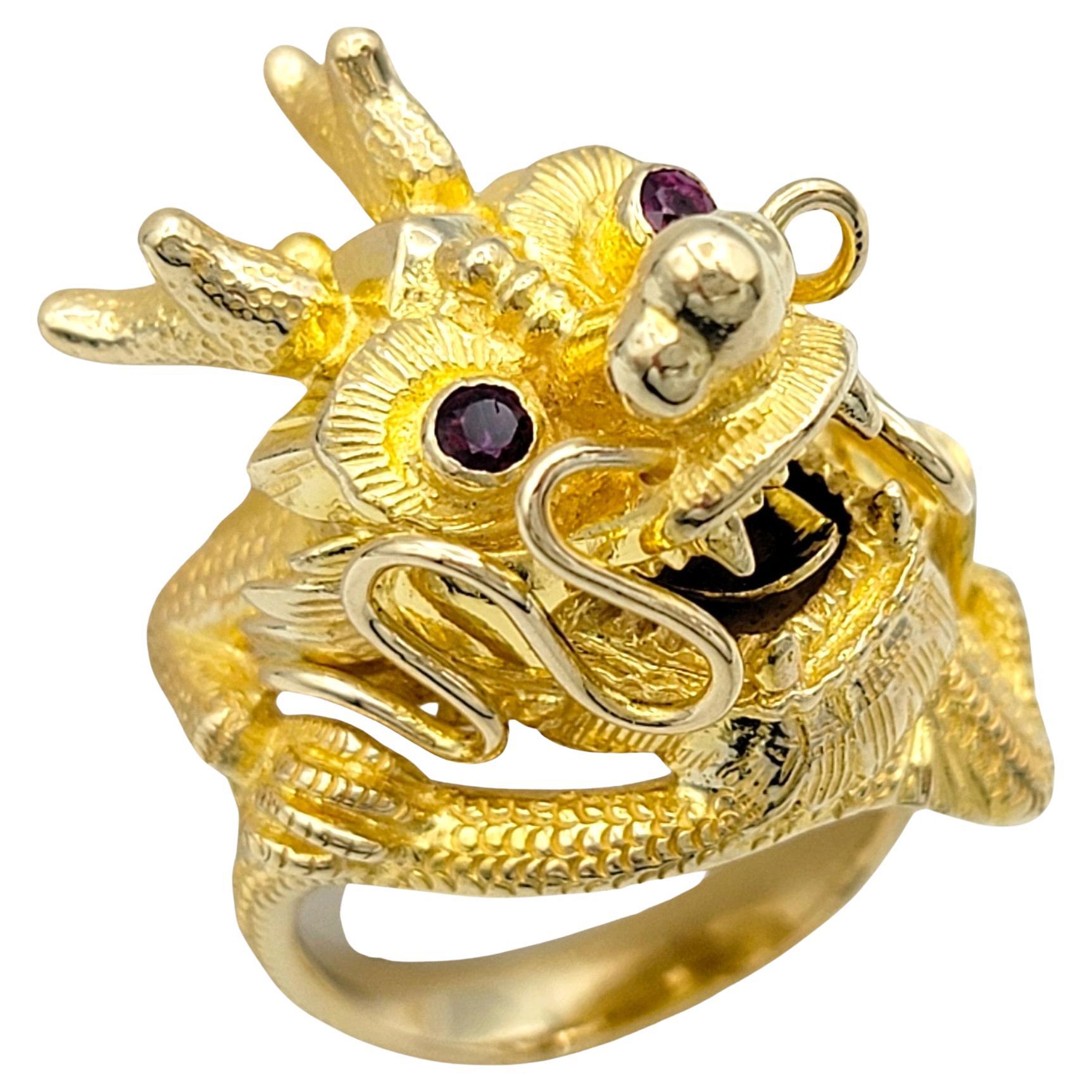 Carved Dragon Head Cocktail Ring with Red Ruby Eyes Set in 14 Karat Yellow Gold