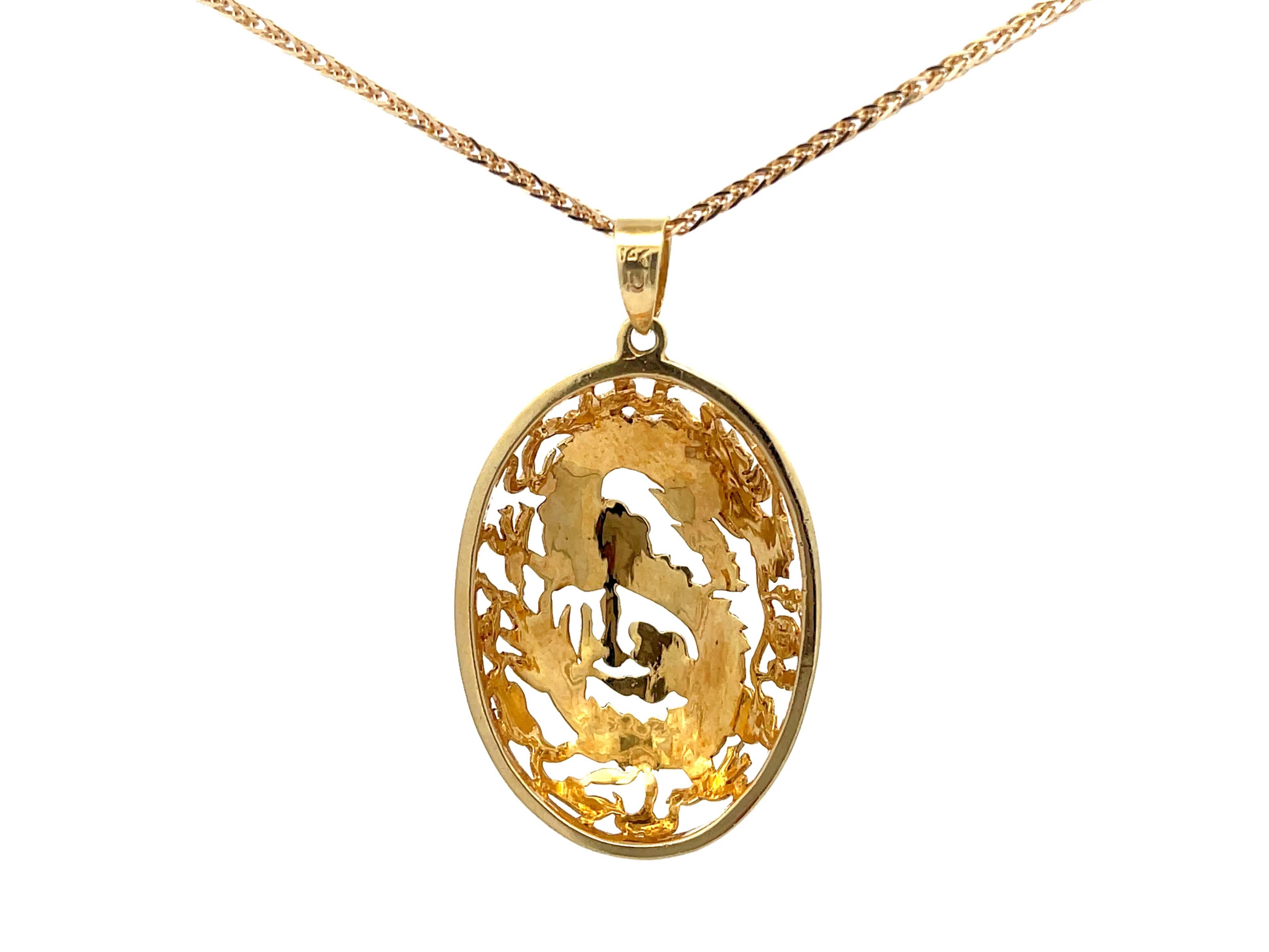 Geschnitzter Drachenanhänger aus 14 Karat Gelbgold mit Kette Damen