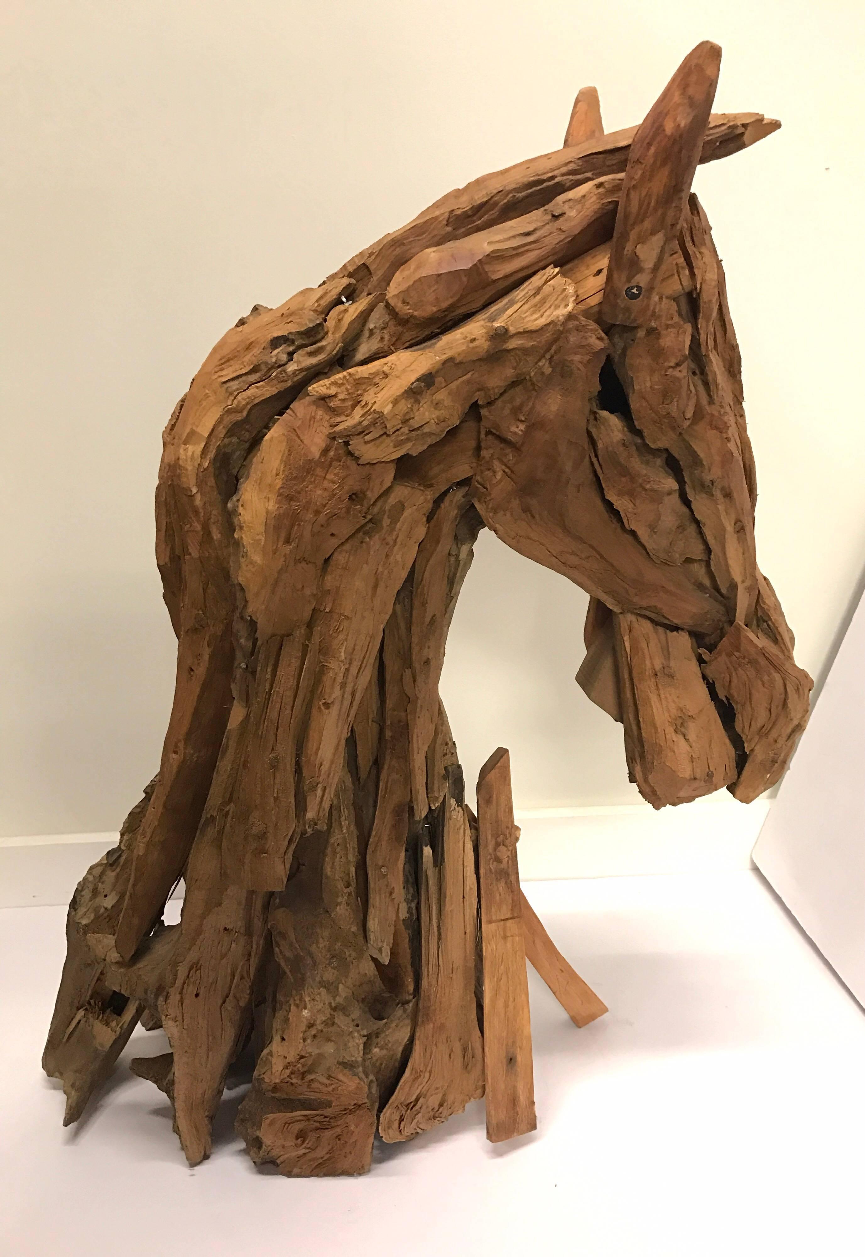 Carved Driftwood Reclaimed Wood Horse Equestrian Sculpture Modern Folk Art In Excellent Condition In West Hartford, CT