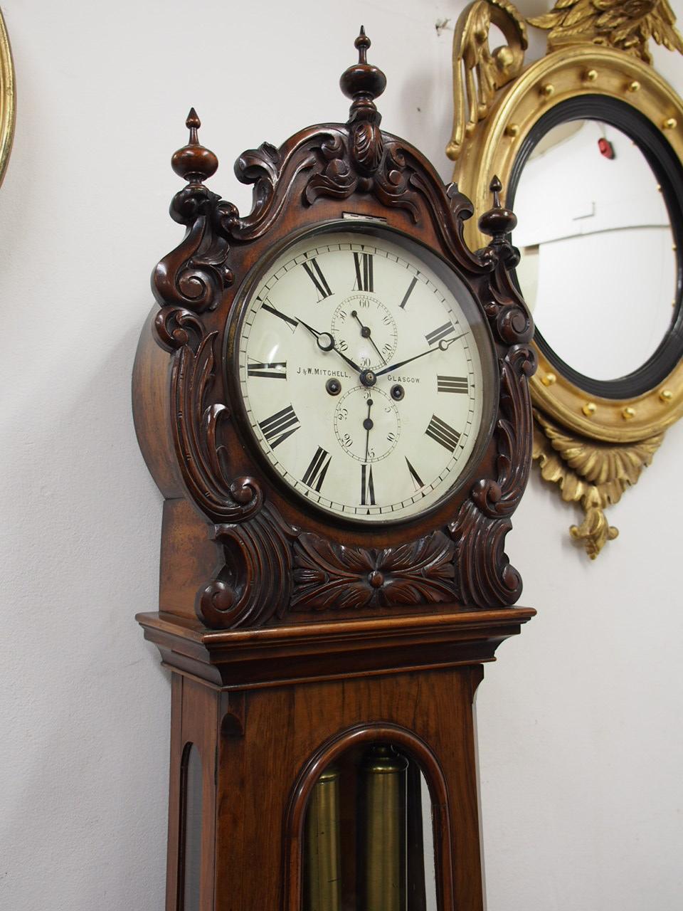 Carved Drum Head Grandfather Clock by J W Mitchell, Glasgow For Sale 5