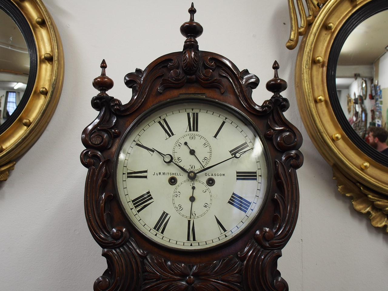 Scottish Carved Drum Head Grandfather Clock by J W Mitchell, Glasgow
