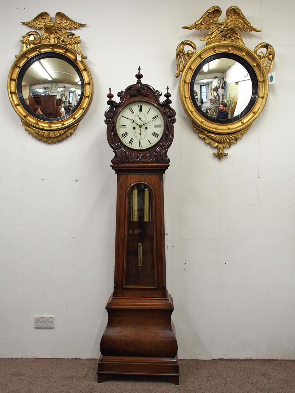 Scottish Carved Drum Head Grandfather Clock by J W Mitchell, Glasgow For Sale