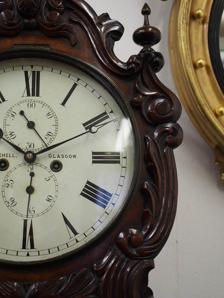 Carved Drum Head Grandfather Clock by J W Mitchell, Glasgow For Sale at