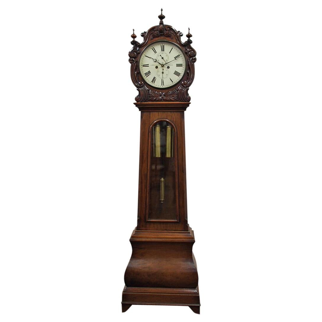 Carved Drum Head Grandfather Clock by J W Mitchell, Glasgow For Sale