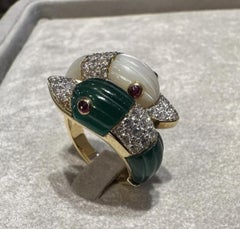 Carved Duck Heads Crossover Ring with Diamonds in 18k Yellow Gold