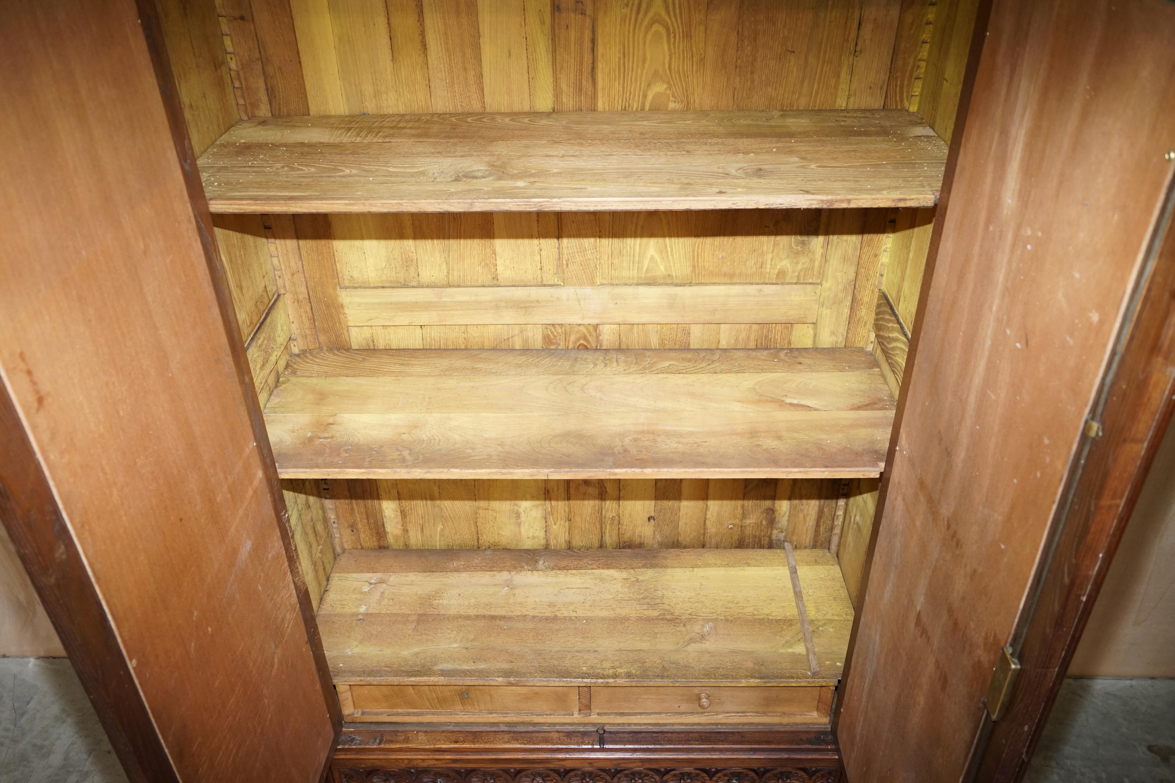 Carved Dutch Antique circa 1880 Armoire Folded Lined Wardrobe Mirrored Doors 4