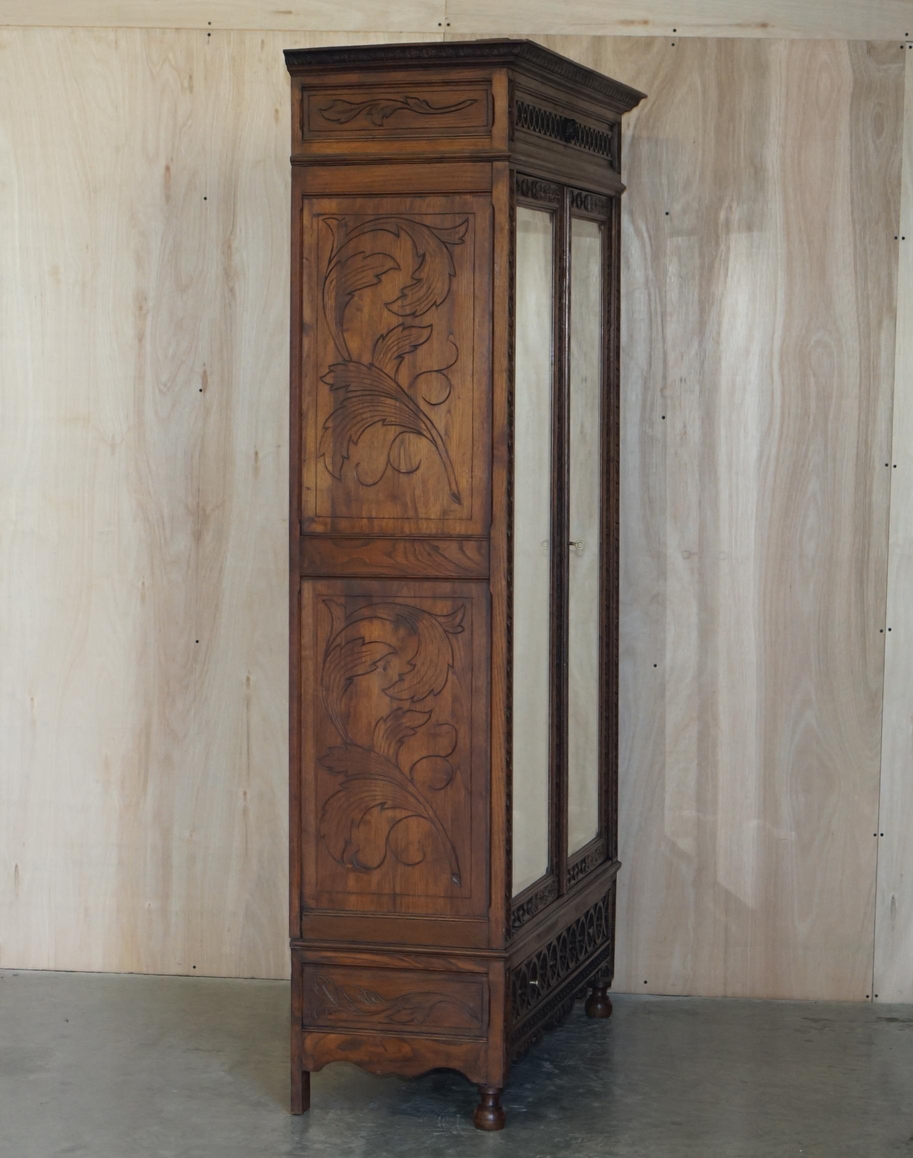 Carved Dutch Antique circa 1880 Armoire Folded Lined Wardrobe Mirrored Doors For Sale 9