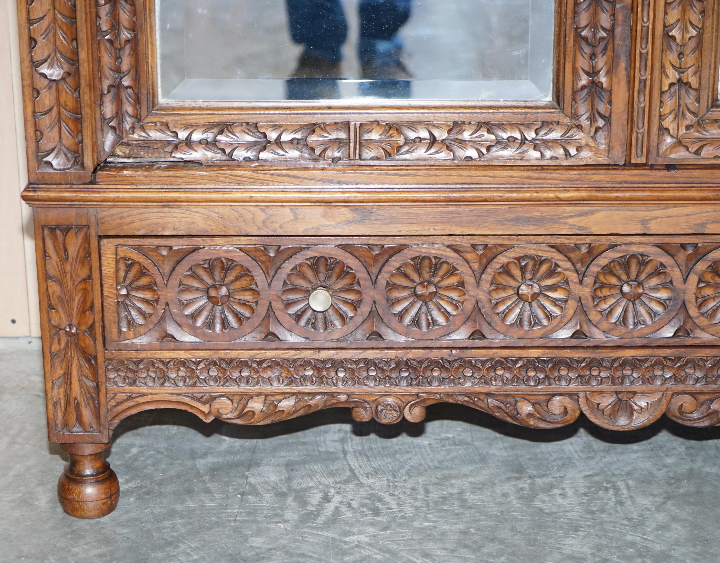 Carved Dutch Antique circa 1880 Armoire Folded Lined Wardrobe Mirrored Doors For Sale 2