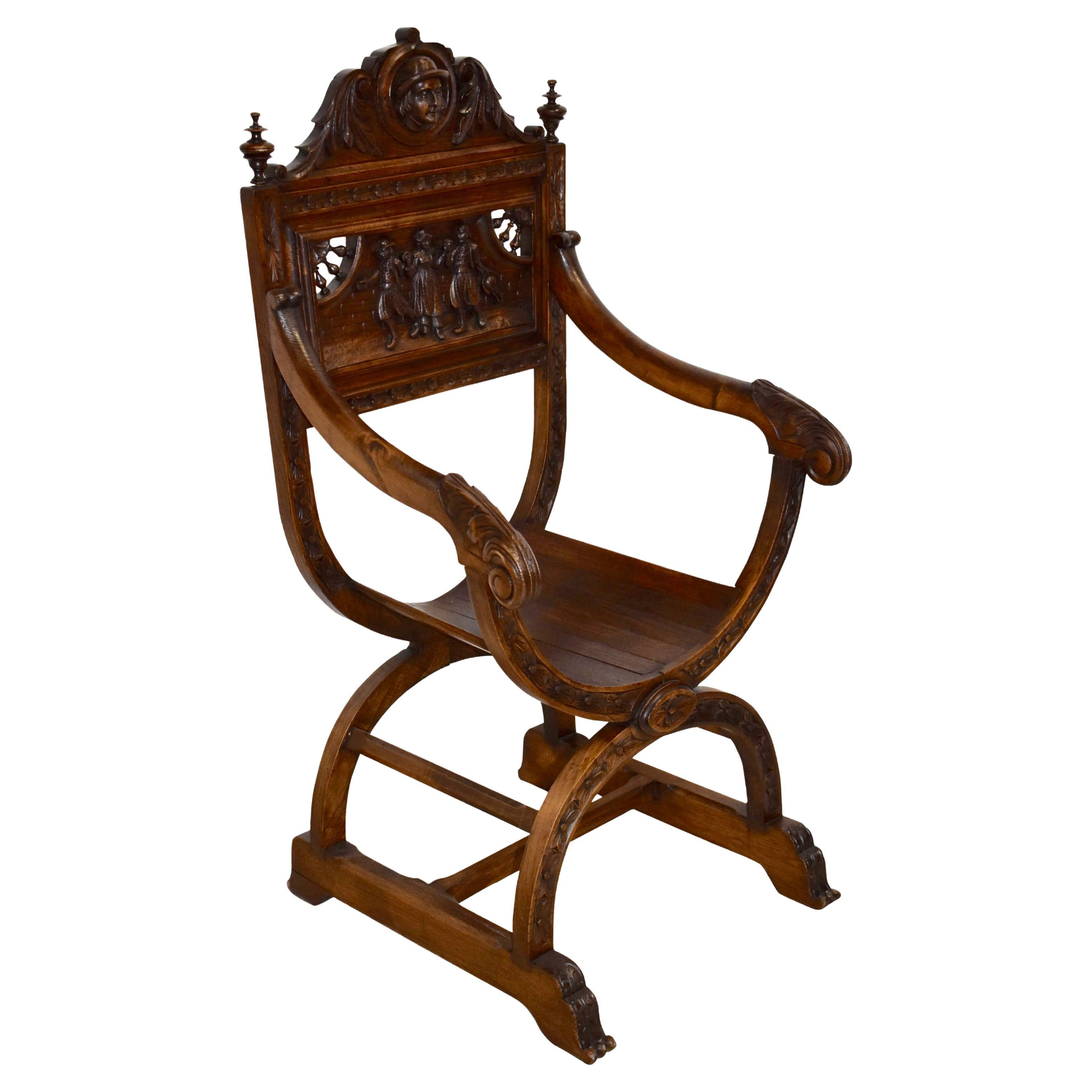 Carved Dutch Curule Chair, circa 1895 For Sale