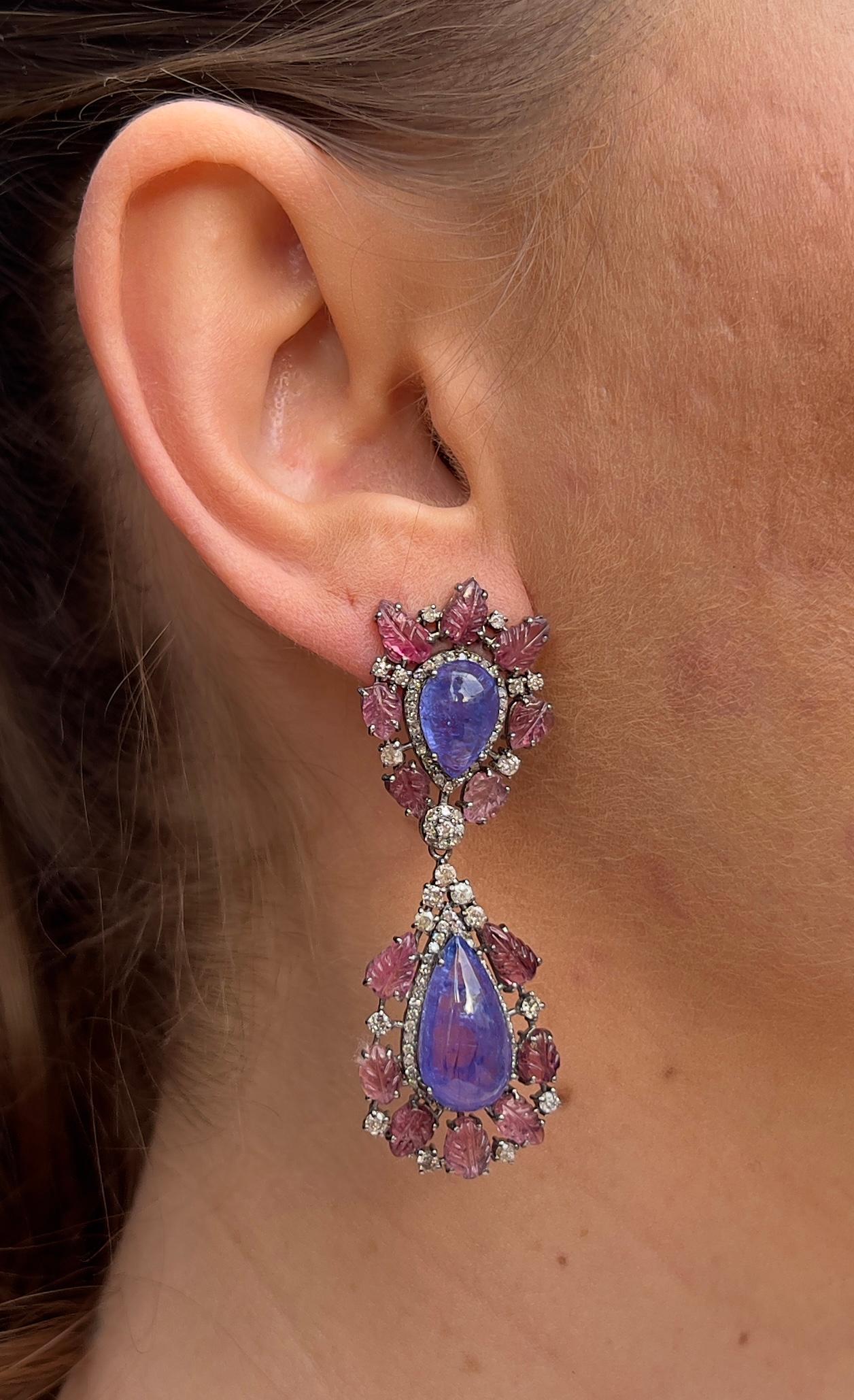 Art Nouveau Carved Earrings Featuring Tanzanites Pink Tourmalines and Diamonds Silver For Sale