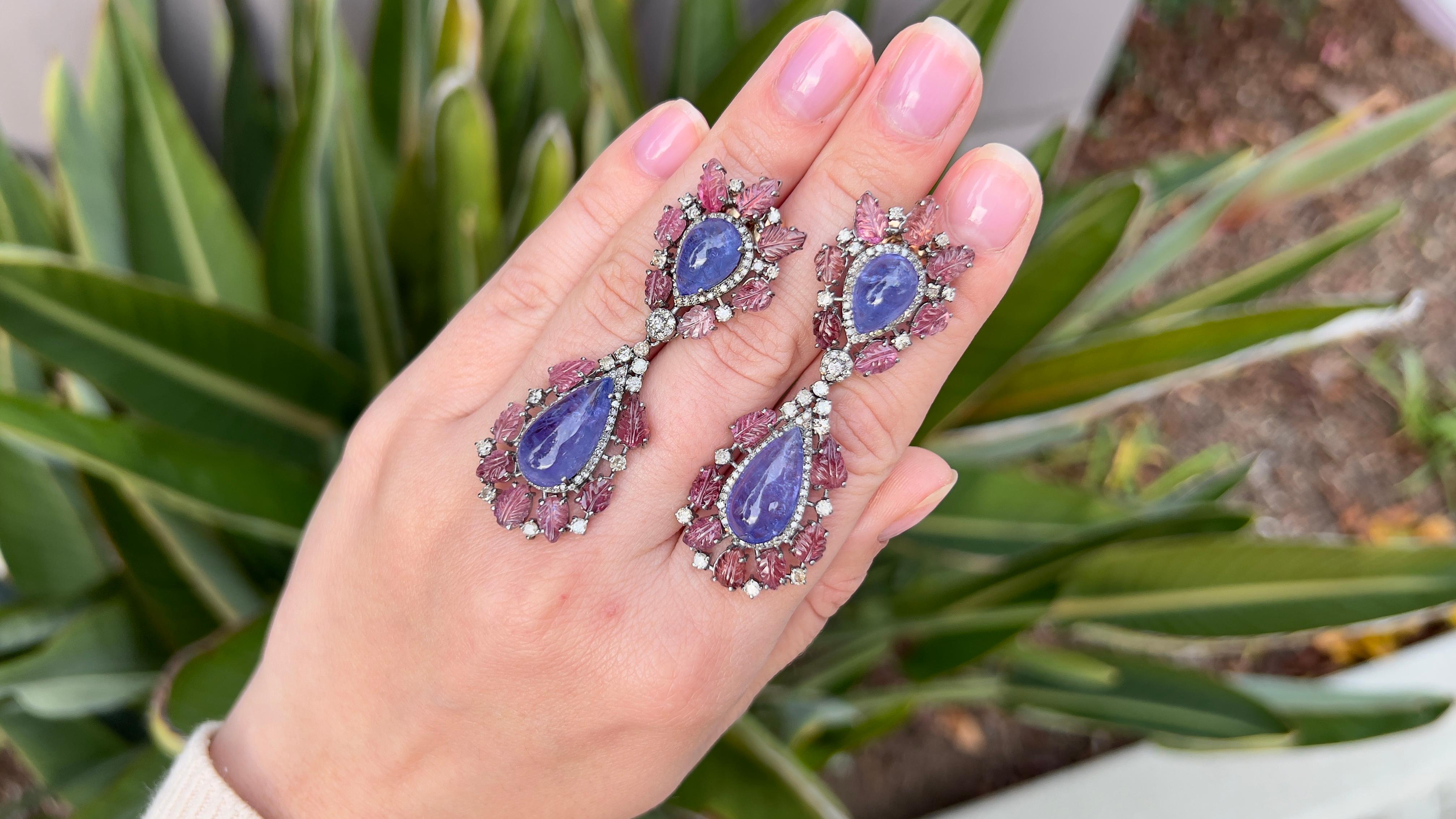 Pear Cut Carved Earrings Featuring Tanzanites Pink Tourmalines and Diamonds Silver For Sale