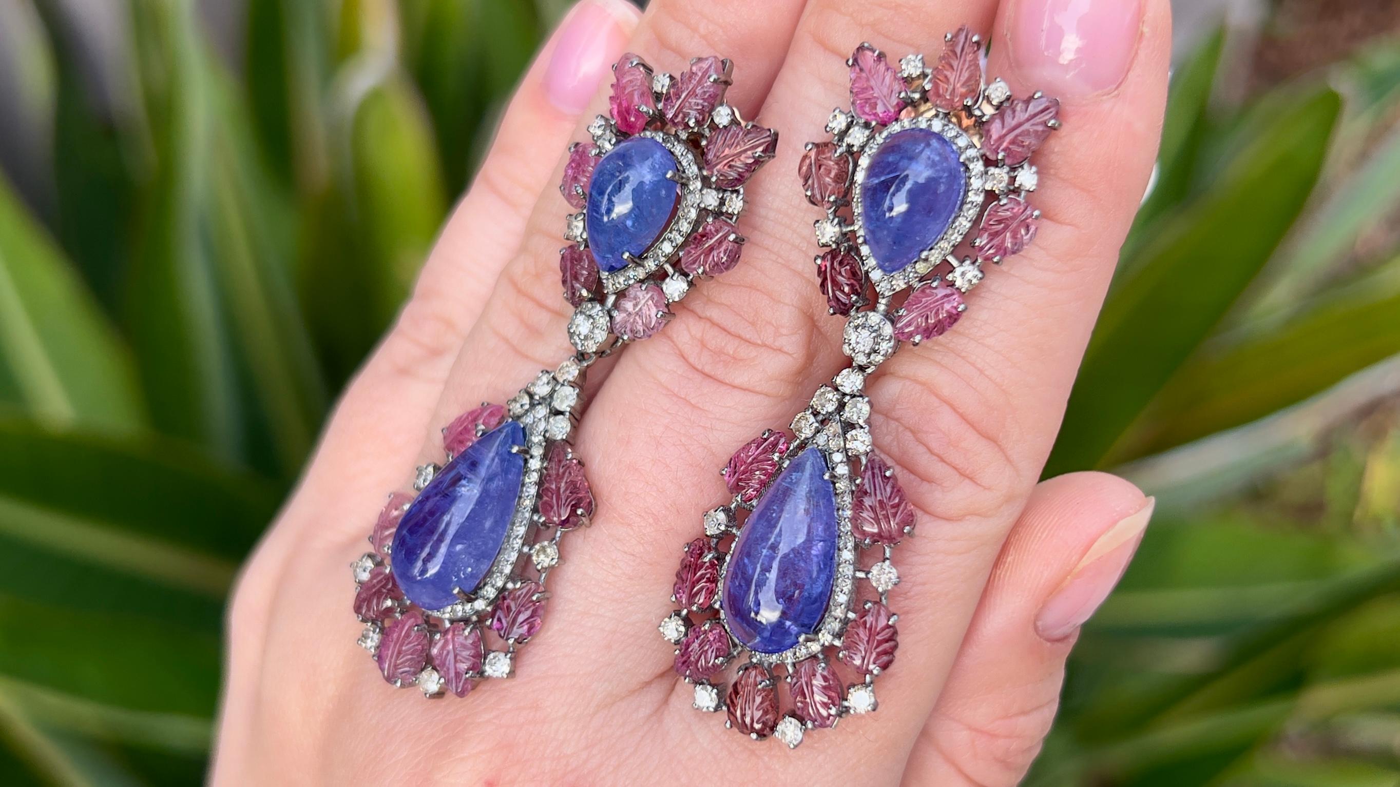Carved Earrings Featuring Tanzanites Pink Tourmalines and Diamonds Silver In Excellent Condition For Sale In Carlsbad, CA