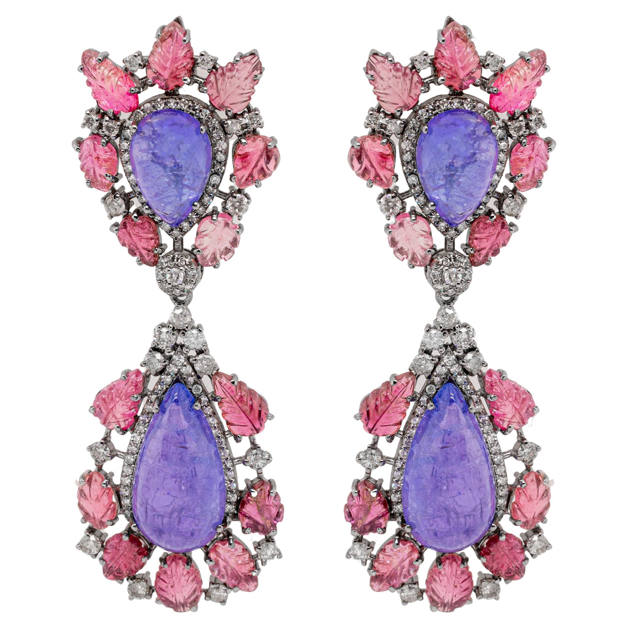 Carved Earrings Featuring Tanzanites Pink Tourmalines and Diamonds Silver