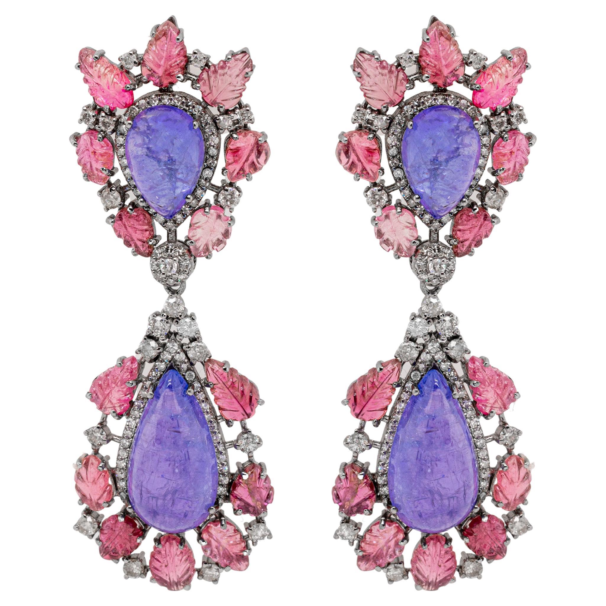 Carved Earrings Featuring Tanzanites Pink Tourmalines and Diamonds Silver For Sale