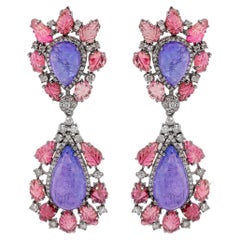 Carved Earrings Featuring Tanzanites Pink Tourmalines and Diamonds Silver
