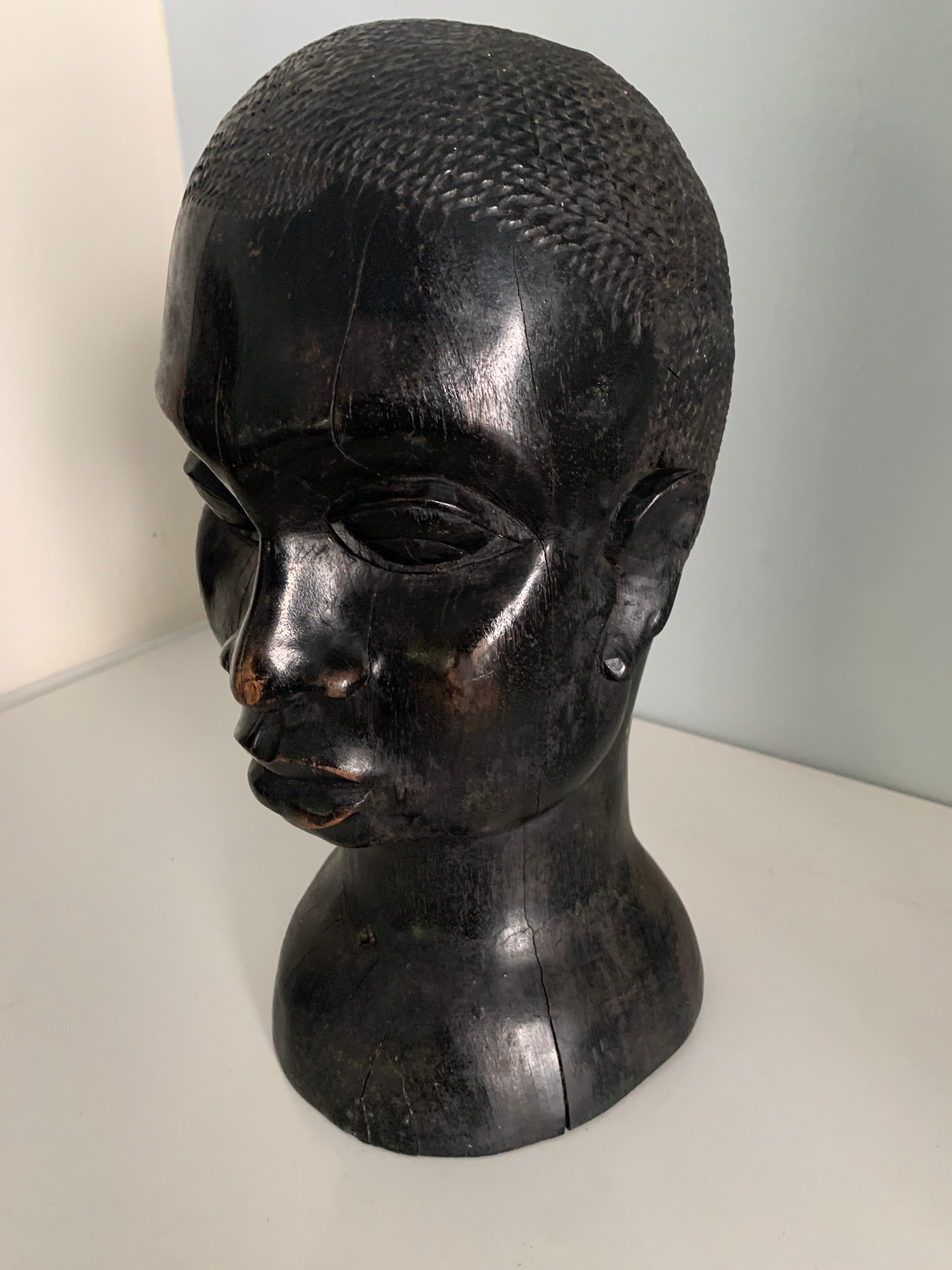 Hand-Carved Carved Wooden African Head For Sale