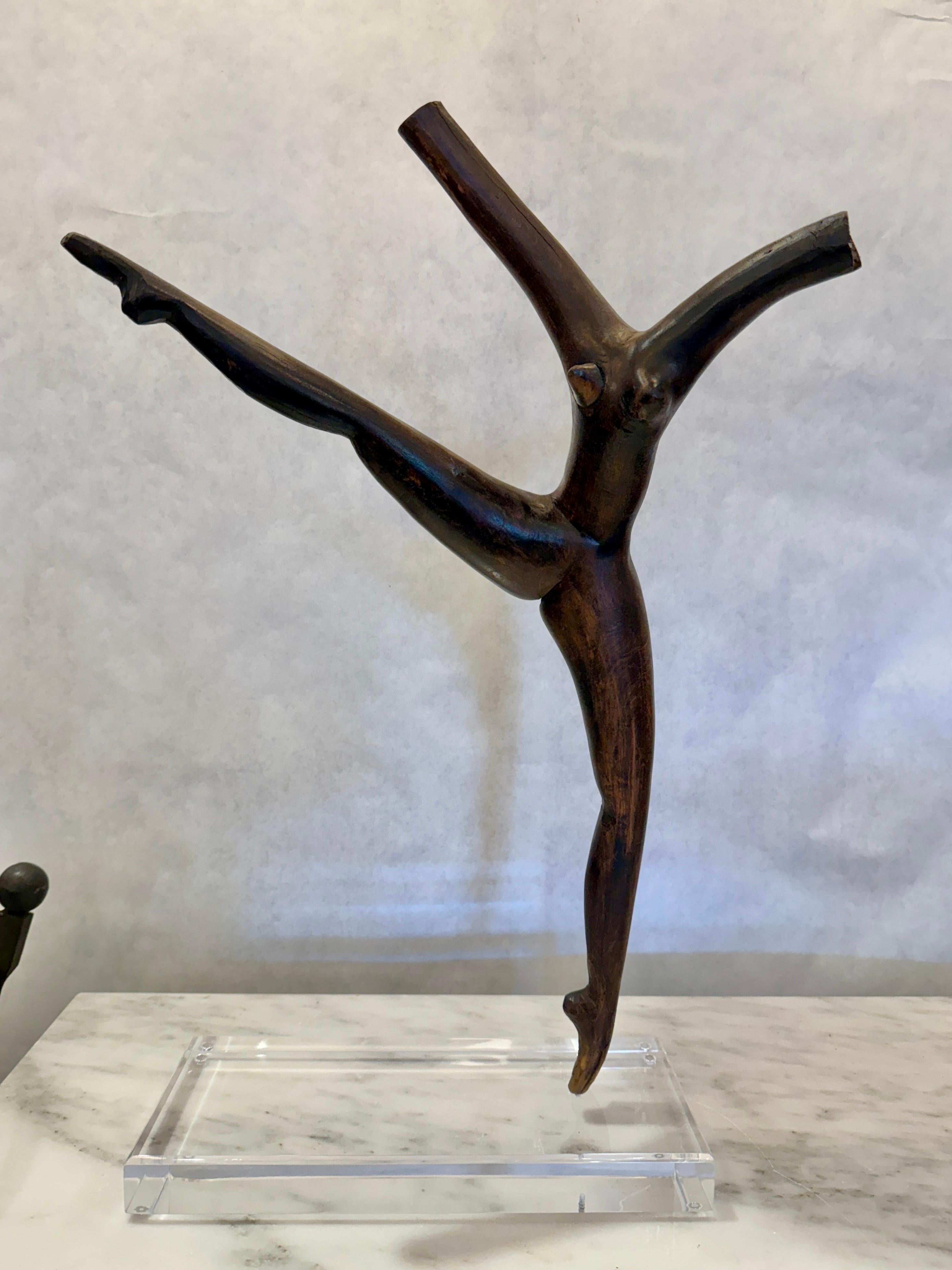 Carved Ebony Root Wood Figural Dancer Mounted Sculpture For Sale 1