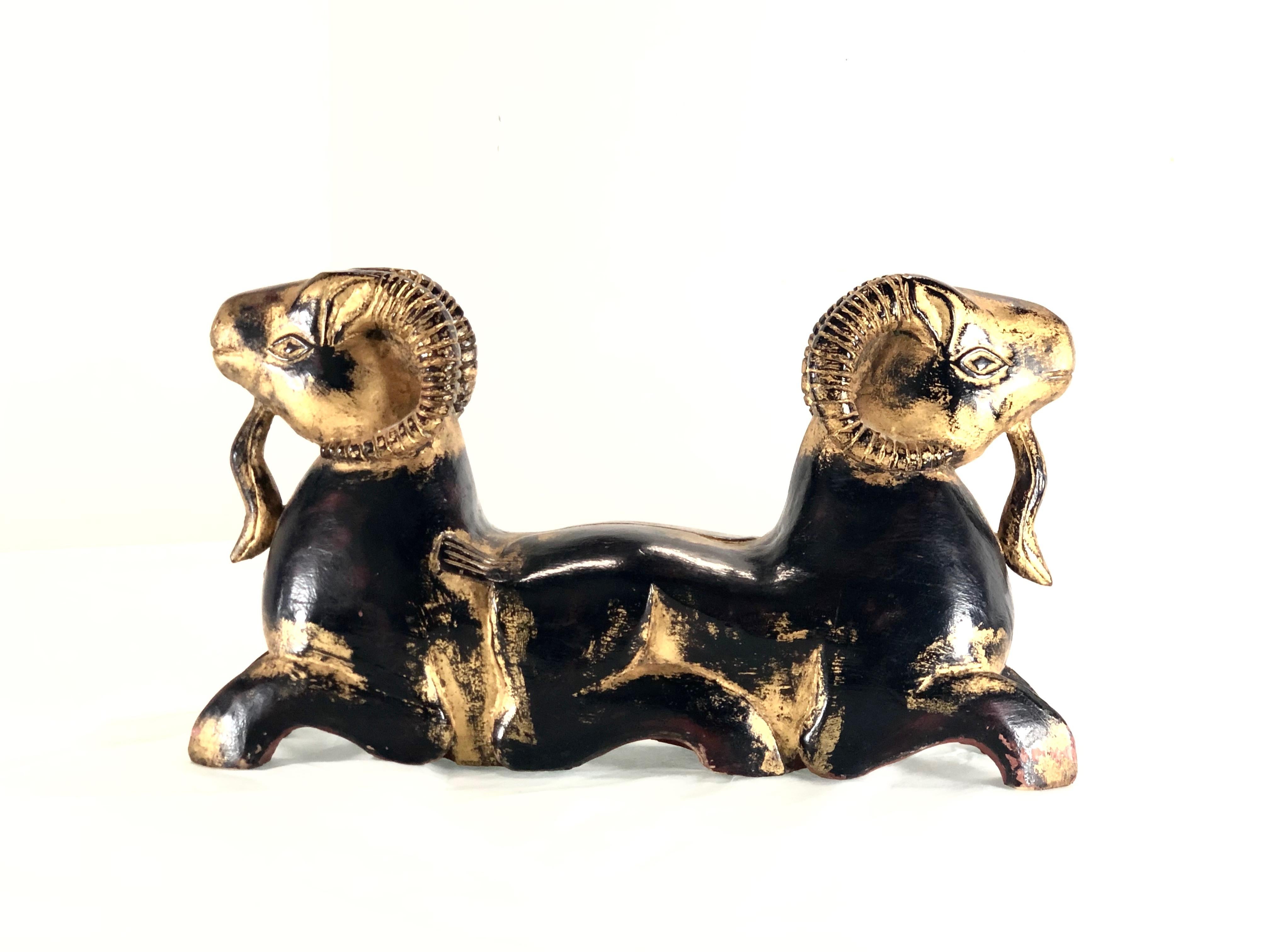 Mid-Century Modern Carved Egyptian Two Headed Ram