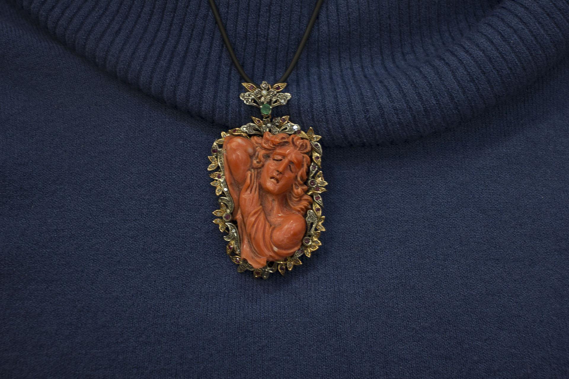 Engraved Face on Red Coral, Diamonds, Emeralds, Rubies, Rose Gold/Silver Pendant In Excellent Condition For Sale In Marcianise, Marcianise (CE)