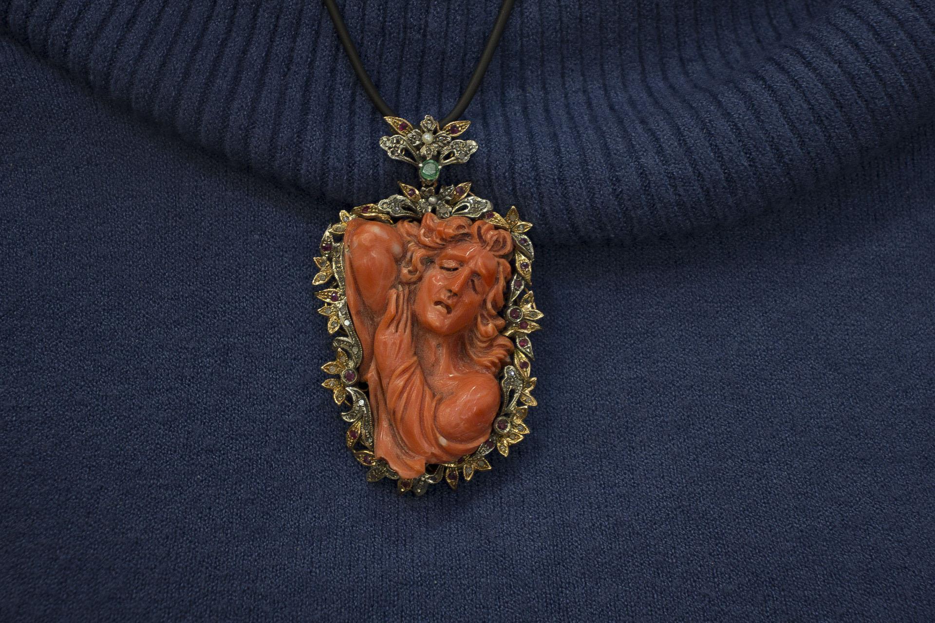 Women's Engraved Face on Red Coral, Diamonds, Emeralds, Rubies, Rose Gold/Silver Pendant For Sale