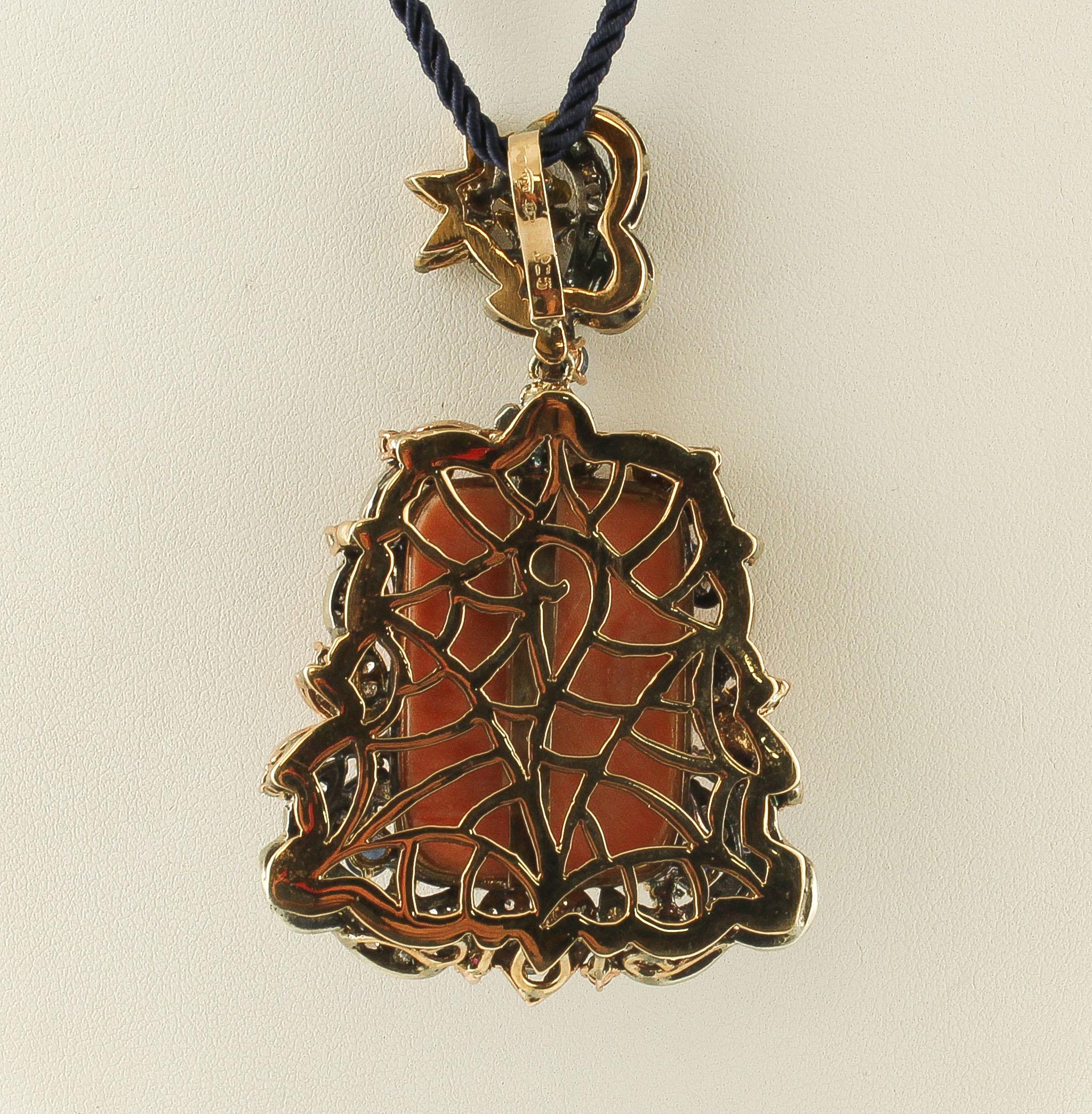 Retro Engraved Orange Coral, Diamonds, Rubies, Blue Sapphires, Gold and Silver Pendant For Sale
