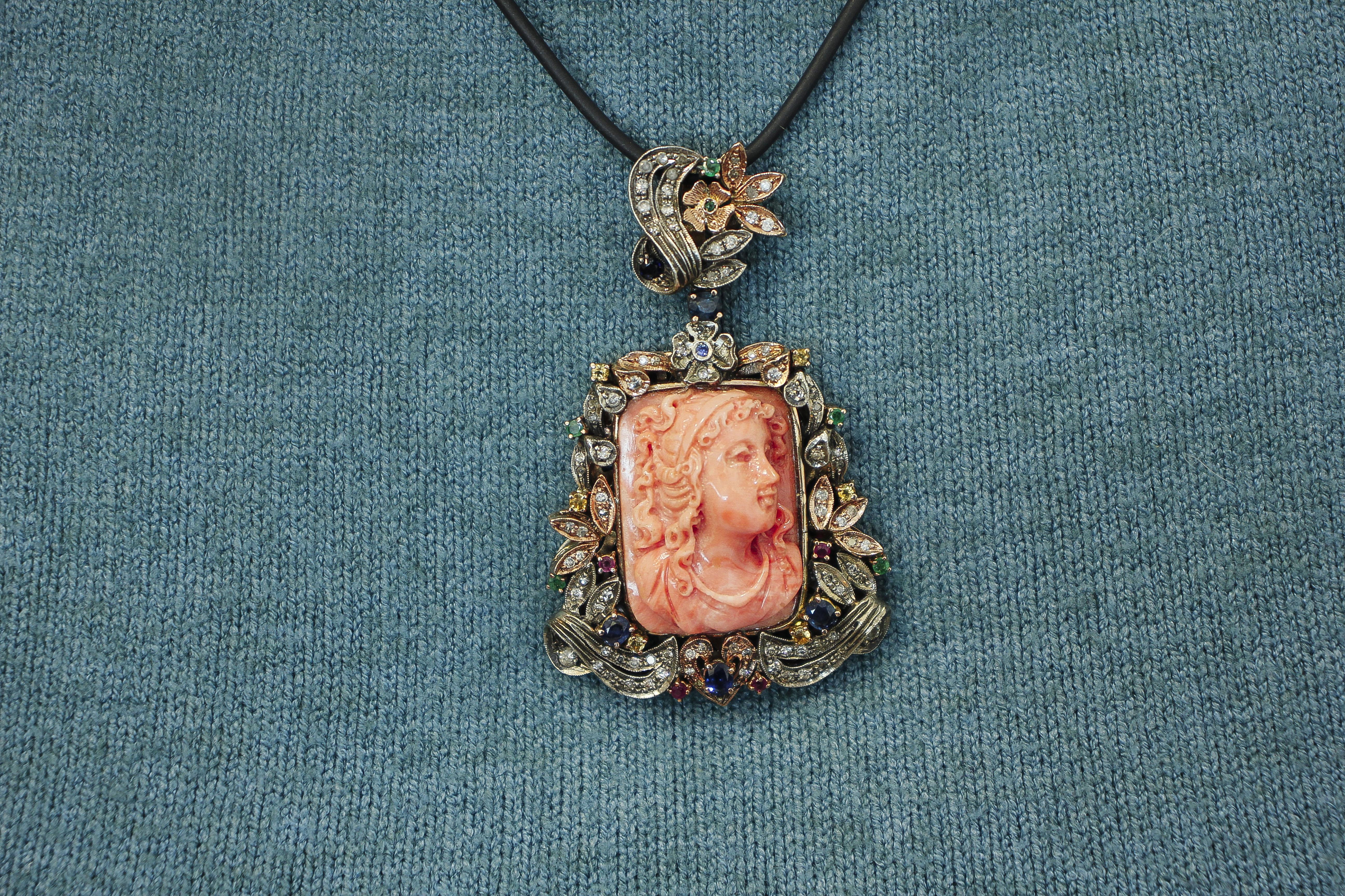 Engraved Orange Coral, Diamonds, Rubies, Blue Sapphires, Gold and Silver Pendant For Sale 1