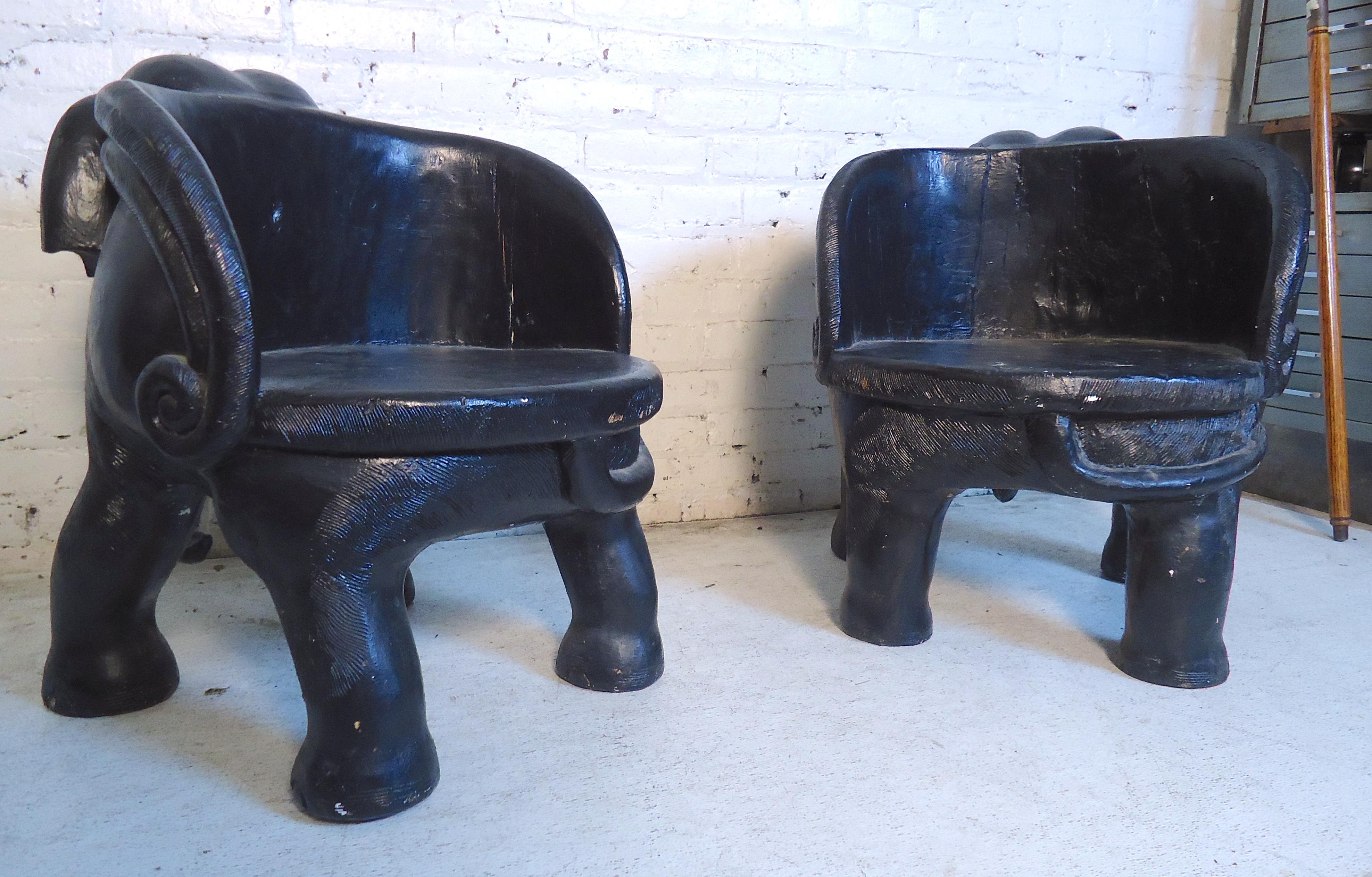 Pair of hard wood petite chairs with sculpted elephant backs. Great for children's room.
(Please confirm item location - NY or NJ - with dealer).
  