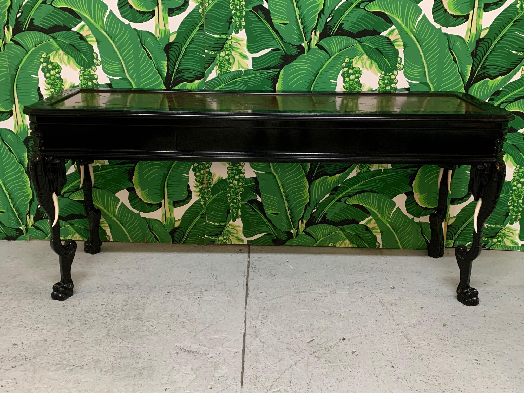 Hollywood Regency Carved Elephant Ebonized Console Table in the Manner of Gampel Stoll