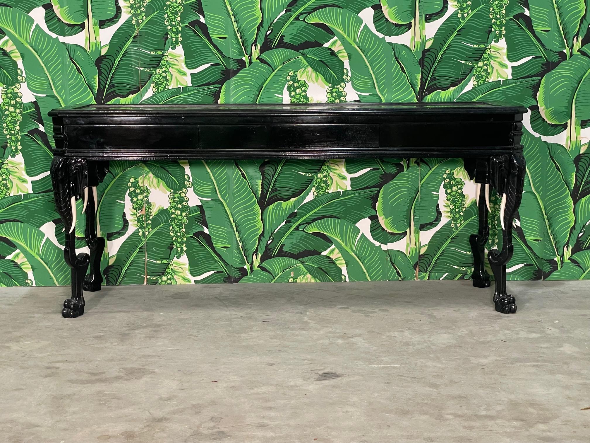 Hollywood Regency Carved Elephant Ebonized Console Table in the Manner of Gampel Stoll For Sale
