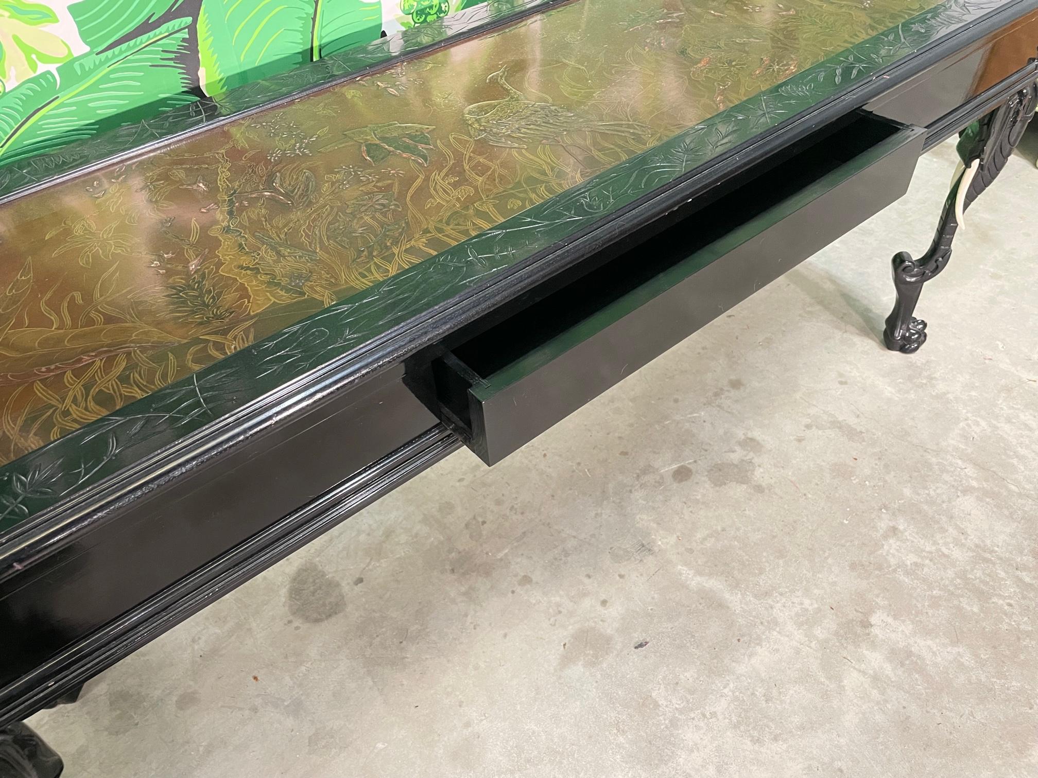 20th Century Carved Elephant Ebonized Console Table in the Manner of Gampel Stoll For Sale