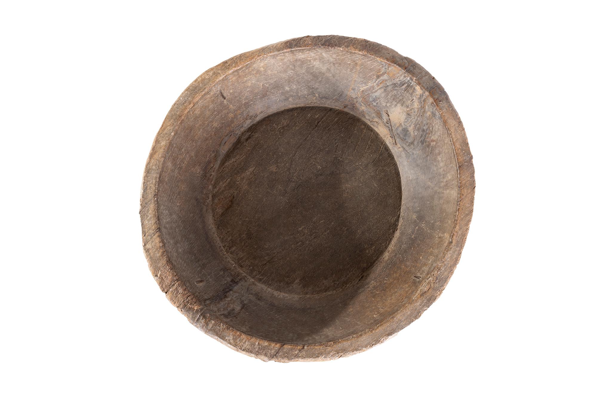 Rustic Carved Elm bowl with Weathered Metal Loop Handles For Sale