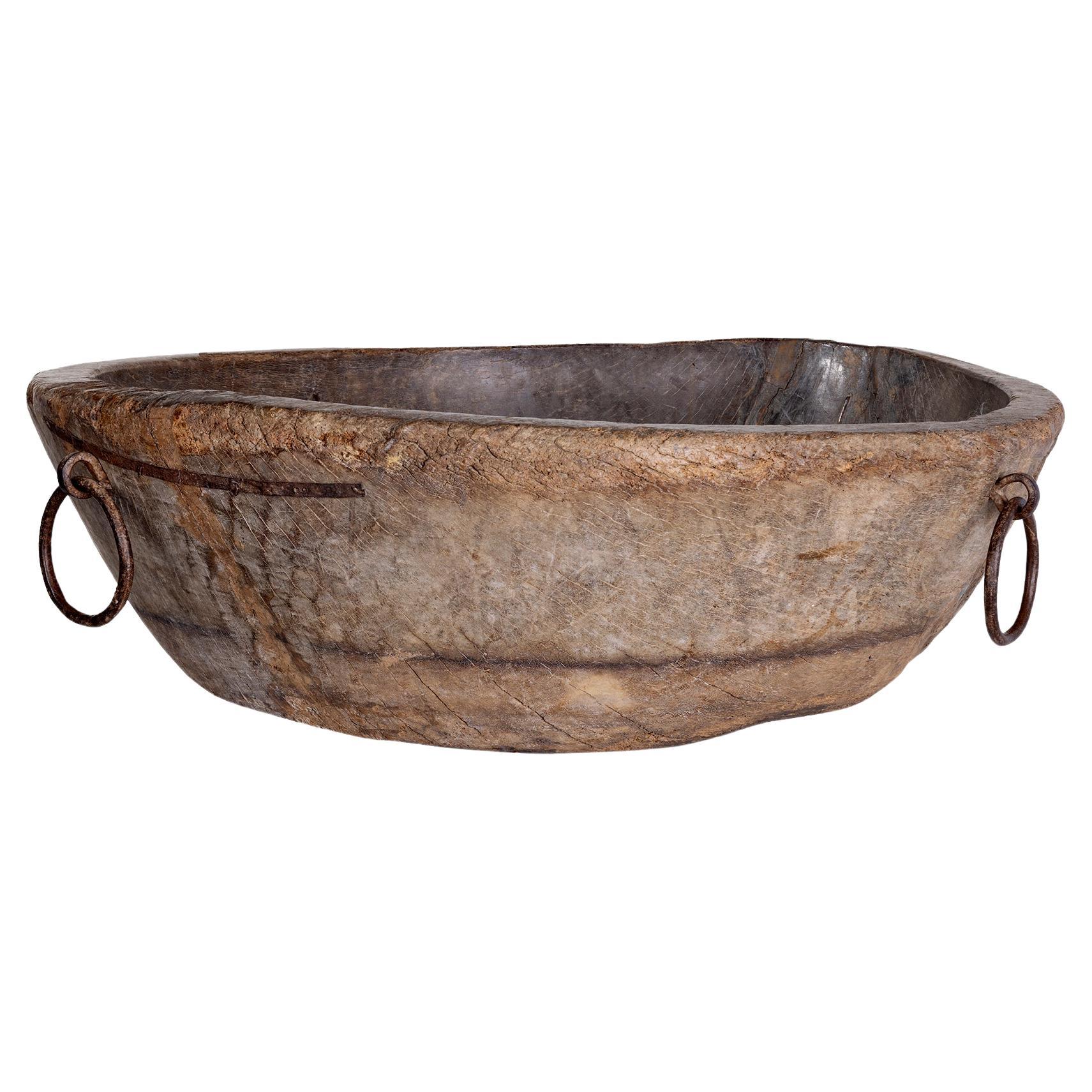 Carved Elm bowl with Weathered Metal Loop Handles For Sale