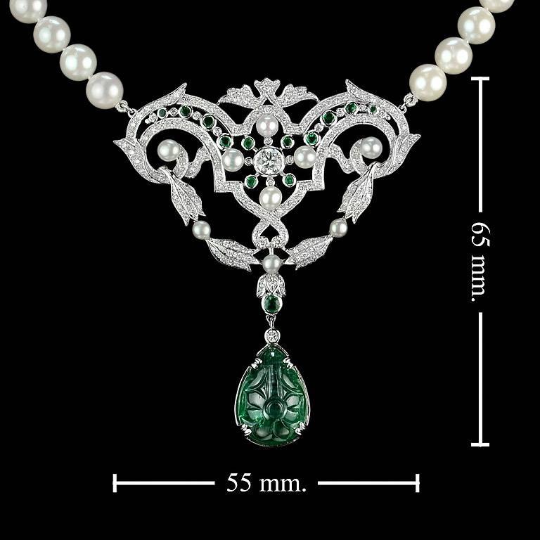 Carved Emerald 11.37 Carat Akoya Pearl Diamond Drop Necklace 4