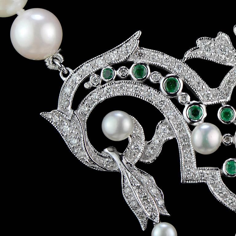 Pear Cut Carved Emerald 11.37 Carat Akoya Pearl Diamond Drop Necklace