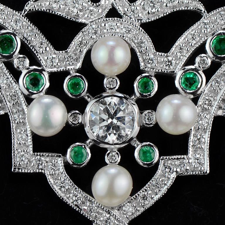 Women's Carved Emerald 11.37 Carat Akoya Pearl Diamond Drop Necklace