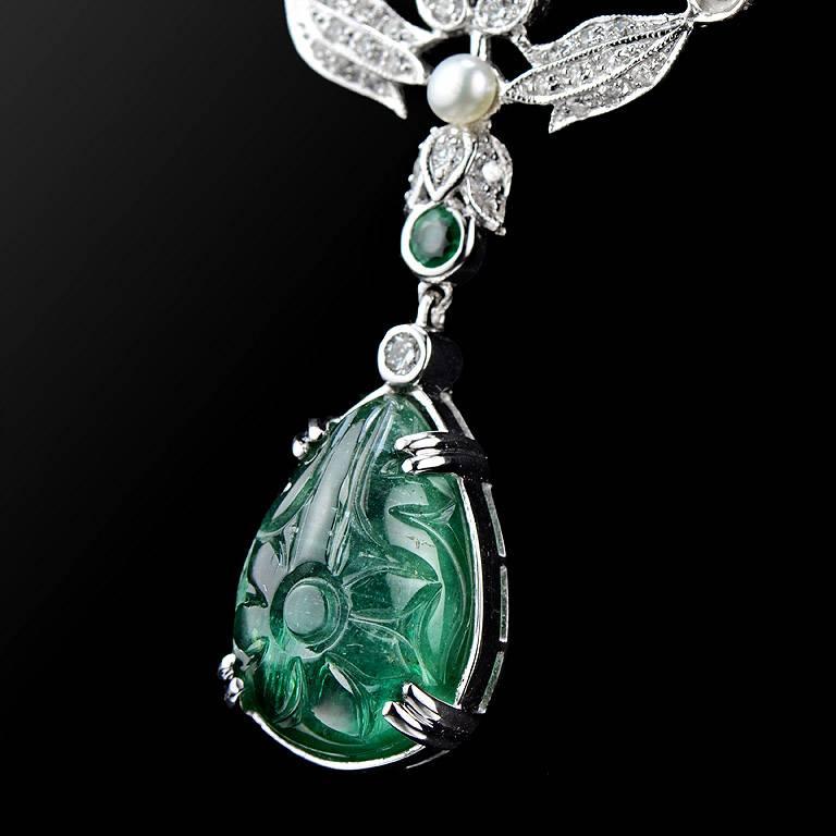 Carved Emerald 11.37 Carat Akoya Pearl Diamond Drop Necklace 2