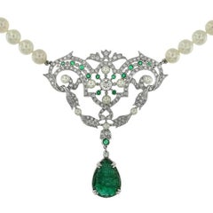 Vintage Carved Emerald 11.37 Carat Akoya Pearl Diamond Drop Necklace